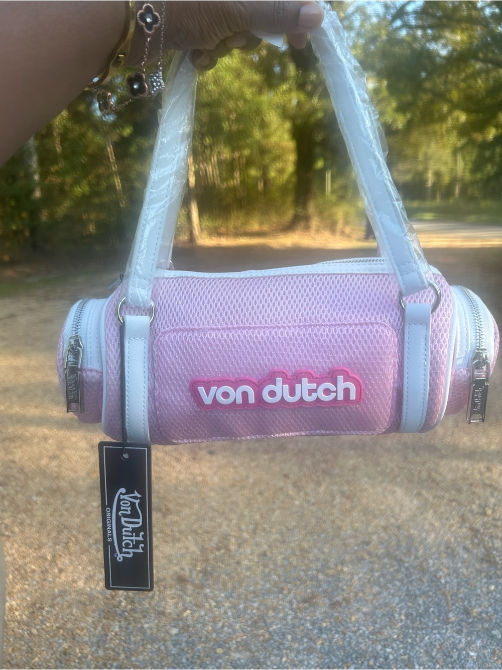 Von Dutch Pink Mini Barrel Bag with White Handles